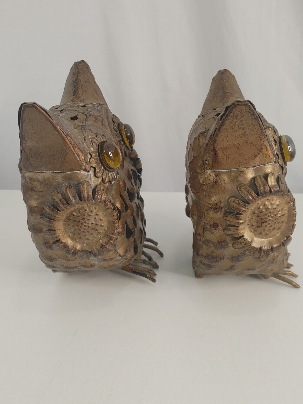 Vintage Metal Owl Tealight Candle Holders Pair 1970s Amber Glass Eyes 5.5" Retro - Picture 6 of 9